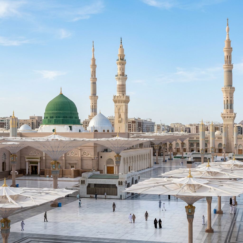 المسجد النبوي مع المظلات نهاراً بدون ازدحام